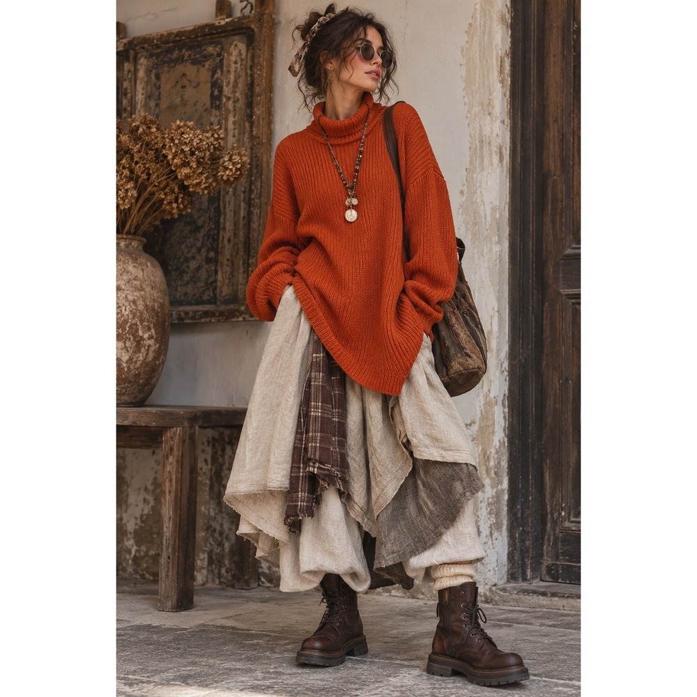 VTG 90s Kikit Bergdorf Goodman Turtleneck Sweater L Orange Chunky Knit Cozy Boho
